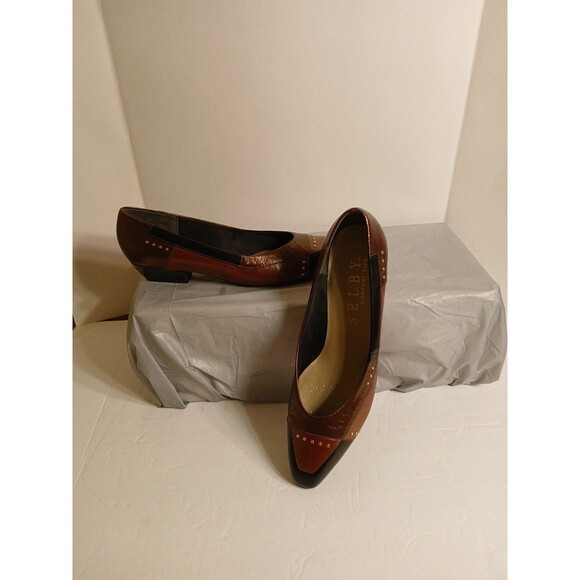 80s Selby Comfort Flex Colorblock Browns/Black Leather Gold Dots Low Heel 9.5 - Picture 2 of 16